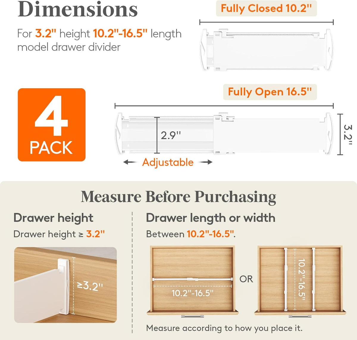 3.2" High Drawer Dividers for Clothes, Adjustable Drawer Organizers | 10.5"-16.5" Expandable Plastic Separator for Dresser, Kitchen, Cabinet, Closet, Nursery, Socks & Underwear Storage, 4 Pack