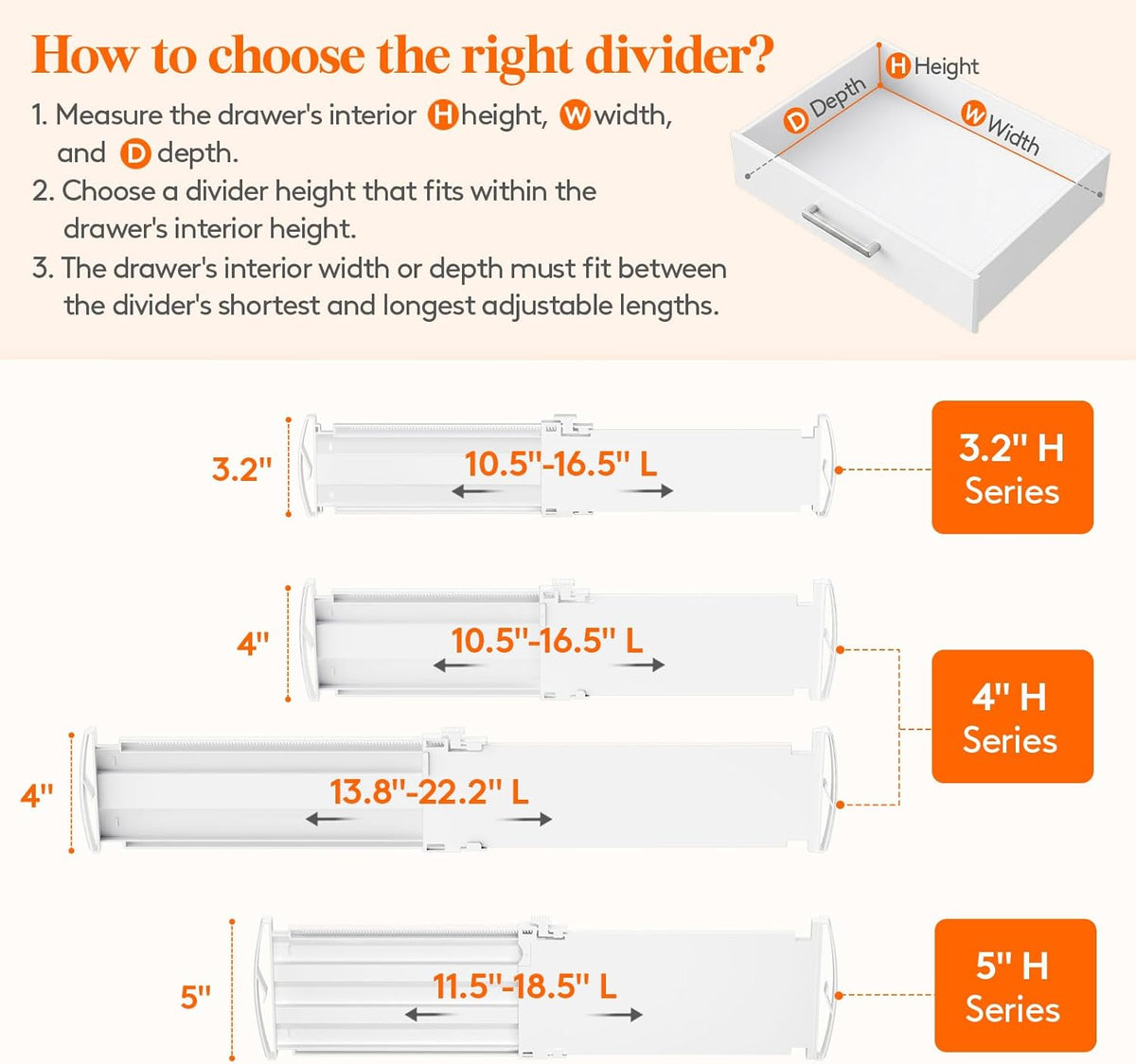3.2" High Drawer Dividers for Clothes, Adjustable Drawer Organizers | 10.5"-16.5" Expandable Plastic Separator for Dresser, Kitchen, Cabinet, Closet, Nursery, Socks & Underwear Storage, 4 Pack