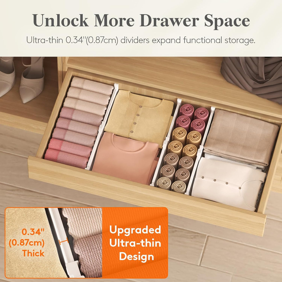3.2" High Drawer Dividers for Clothes, Adjustable Drawer Organizers | 10.5"-16.5" Expandable Plastic Separator for Dresser, Kitchen, Cabinet, Closet, Nursery, Socks & Underwear Storage, 4 Pack