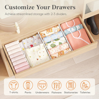 3.2" High Drawer Dividers for Clothes, Adjustable Drawer Organizers | 10.5"-16.5" Expandable Plastic Separator for Dresser, Kitchen, Cabinet, Closet, Nursery, Socks & Underwear Storage, 4 Pack