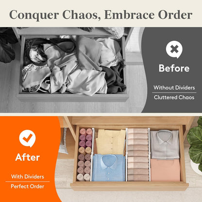 3.2" High Drawer Dividers for Clothes, Adjustable Drawer Organizers | 10.5"-16.5" Expandable Plastic Separator for Dresser, Kitchen, Cabinet, Closet, Nursery, Socks & Underwear Storage, 4 Pack