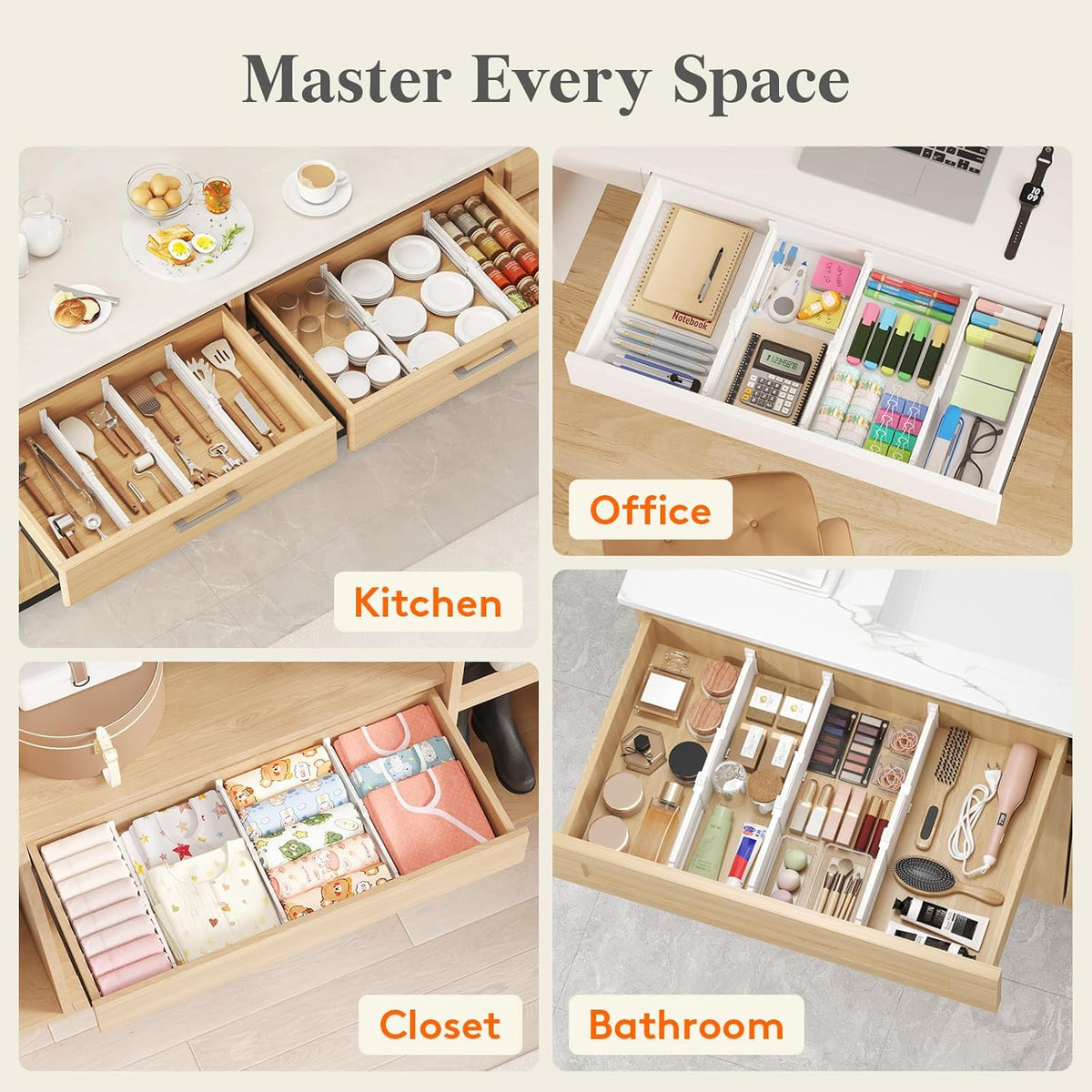 3.2" High Drawer Dividers for Clothes, Adjustable Drawer Organizers | 10.5"-16.5" Expandable Plastic Separator for Dresser, Kitchen, Cabinet, Closet, Nursery, Socks & Underwear Storage, 4 Pack
