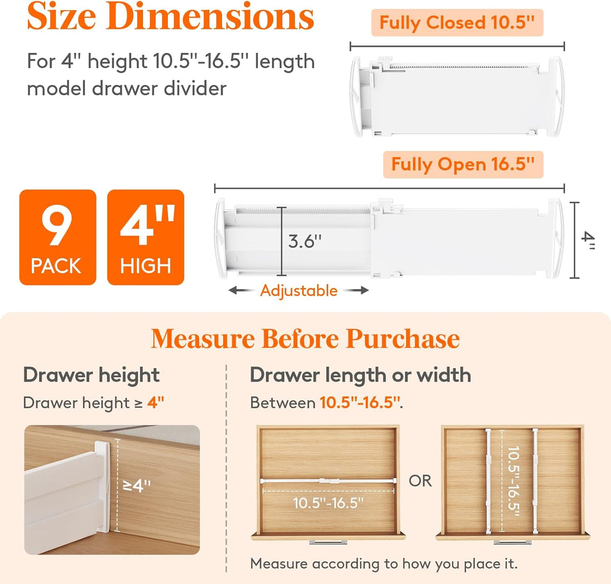 3.2" High Drawer Dividers for Clothes, Adjustable Drawer Organizers | 10.5"-16.5" Expandable Plastic Separator for Dresser, Kitchen, Cabinet, Closet, Nursery, Socks & Underwear Storage, 4 Pack