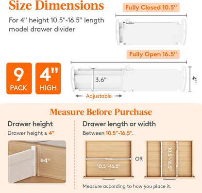 3.2" High Drawer Dividers for Clothes, Adjustable Drawer Organizers | 10.5"-16.5" Expandable Plastic Separator for Dresser, Kitchen, Cabinet, Closet, Nursery, Socks & Underwear Storage, 4 Pack