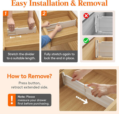 3.2" High Drawer Dividers for Clothes, Adjustable Drawer Organizers | 10.5"-16.5" Expandable Plastic Separator for Dresser, Kitchen, Cabinet, Closet, Nursery, Socks & Underwear Storage, 4 Pack