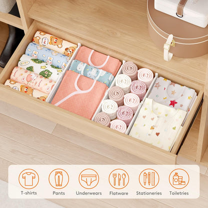 3.2" High Drawer Dividers for Clothes, Adjustable Drawer Organizers | 10.5"-16.5" Expandable Plastic Separator for Dresser, Kitchen, Cabinet, Closet, Nursery, Socks & Underwear Storage, 4 Pack
