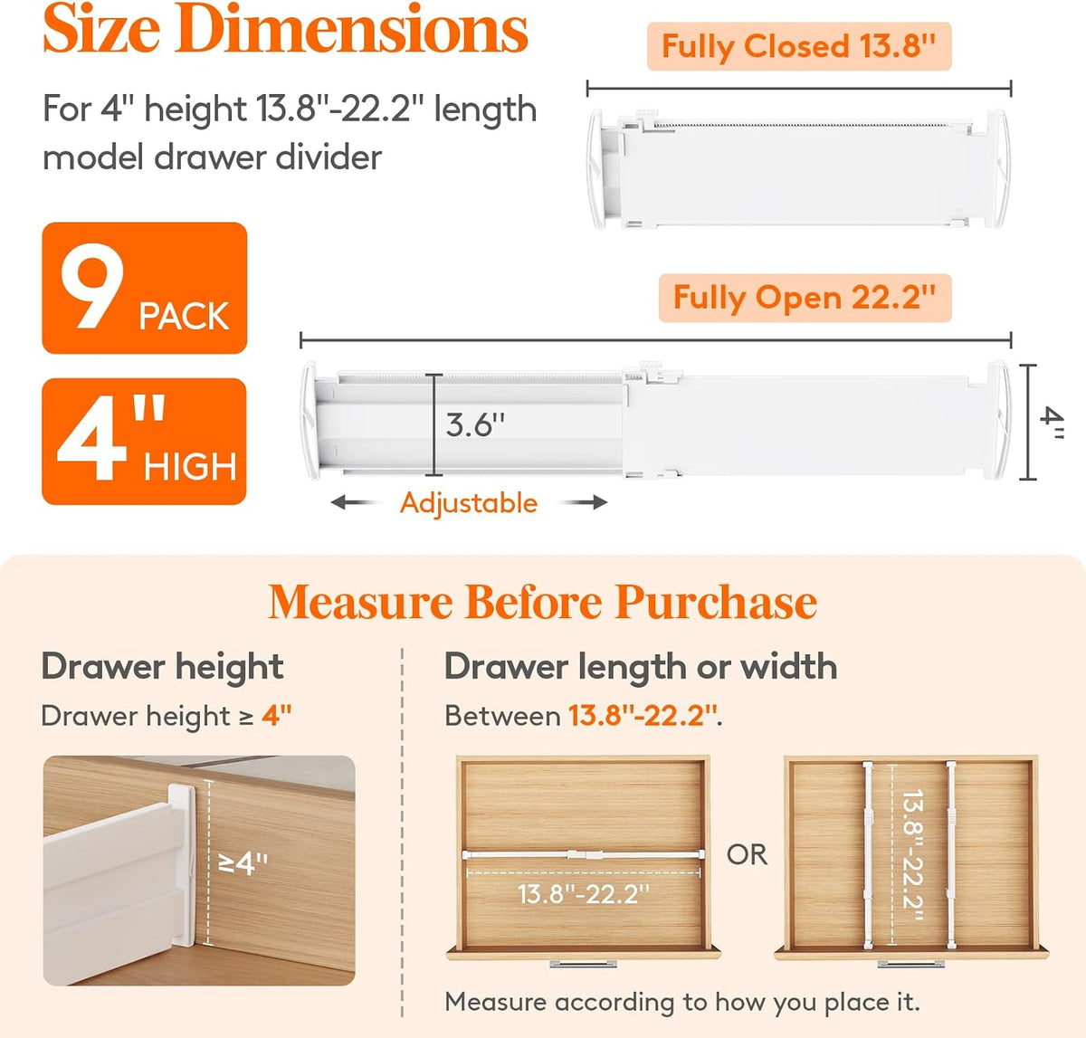 3.2" High Drawer Dividers for Clothes, Adjustable Drawer Organizers | 10.5"-16.5" Expandable Plastic Separator for Dresser, Kitchen, Cabinet, Closet, Nursery, Socks & Underwear Storage, 4 Pack
