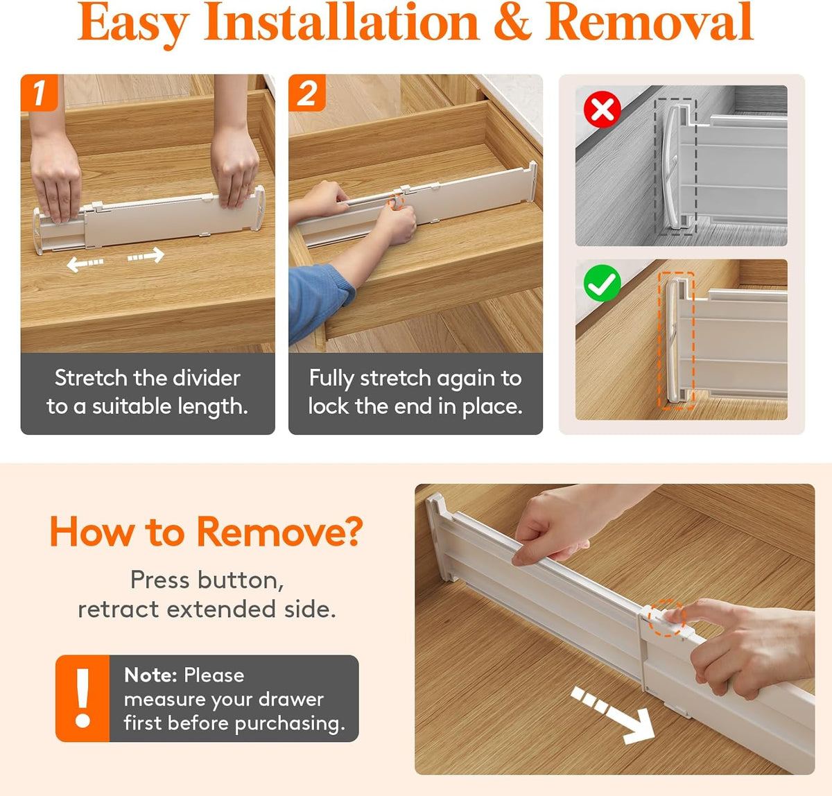 3.2" High Drawer Dividers for Clothes, Adjustable Drawer Organizers | 10.5"-16.5" Expandable Plastic Separator for Dresser, Kitchen, Cabinet, Closet, Nursery, Socks & Underwear Storage, 4 Pack