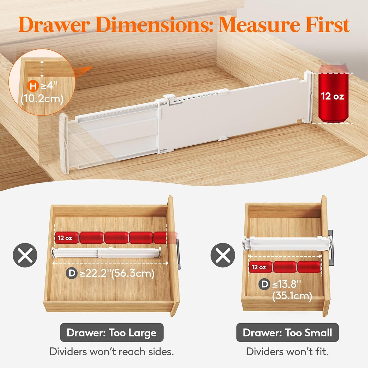 3.2" High Drawer Dividers for Clothes, Adjustable Drawer Organizers | 10.5"-16.5" Expandable Plastic Separator for Dresser, Kitchen, Cabinet, Closet, Nursery, Socks & Underwear Storage, 4 Pack