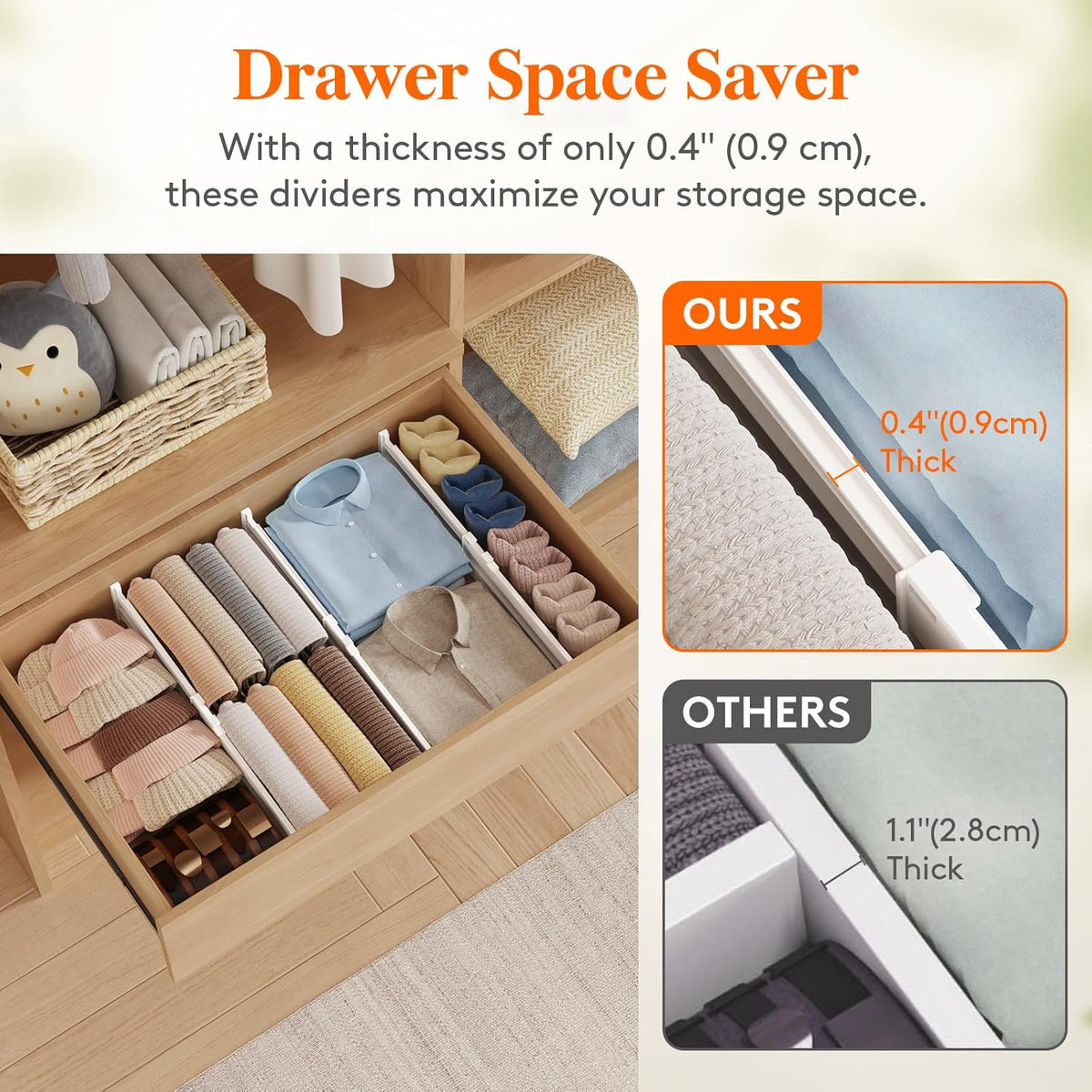 3.2" High Drawer Dividers for Clothes, Adjustable Drawer Organizers | 10.5"-16.5" Expandable Plastic Separator for Dresser, Kitchen, Cabinet, Closet, Nursery, Socks & Underwear Storage, 4 Pack