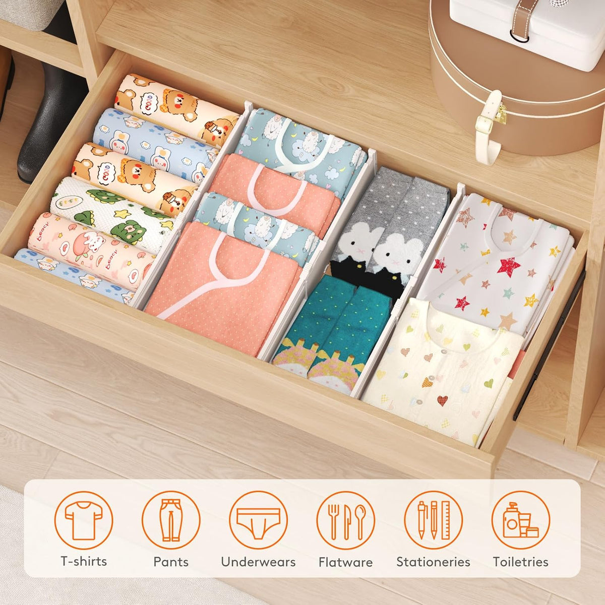 3.2" High Drawer Dividers for Clothes, Adjustable Drawer Organizers | 10.5"-16.5" Expandable Plastic Separator for Dresser, Kitchen, Cabinet, Closet, Nursery, Socks & Underwear Storage, 4 Pack