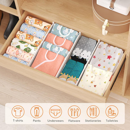 3.2" High Drawer Dividers for Clothes, Adjustable Drawer Organizers | 10.5"-16.5" Expandable Plastic Separator for Dresser, Kitchen, Cabinet, Closet, Nursery, Socks & Underwear Storage, 4 Pack