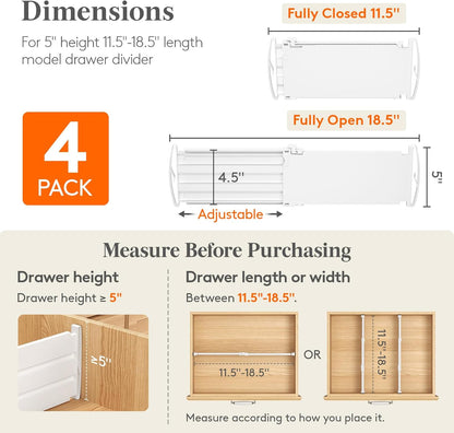 3.2" High Drawer Dividers for Clothes, Adjustable Drawer Organizers | 10.5"-16.5" Expandable Plastic Separator for Dresser, Kitchen, Cabinet, Closet, Nursery, Socks & Underwear Storage, 4 Pack