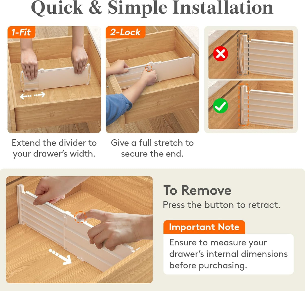 3.2" High Drawer Dividers for Clothes, Adjustable Drawer Organizers | 10.5"-16.5" Expandable Plastic Separator for Dresser, Kitchen, Cabinet, Closet, Nursery, Socks & Underwear Storage, 4 Pack