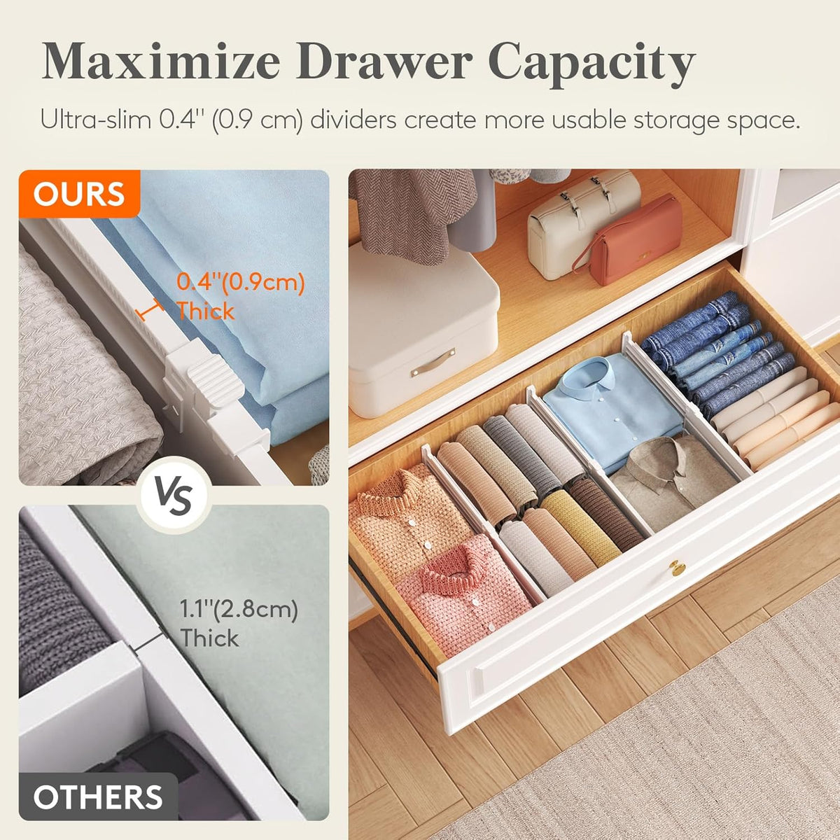 3.2" High Drawer Dividers for Clothes, Adjustable Drawer Organizers | 10.5"-16.5" Expandable Plastic Separator for Dresser, Kitchen, Cabinet, Closet, Nursery, Socks & Underwear Storage, 4 Pack