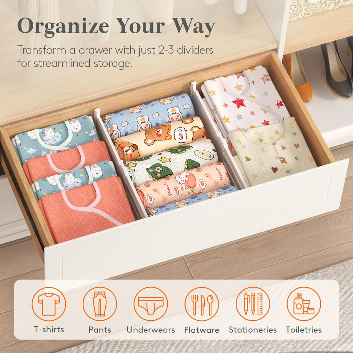 3.2" High Drawer Dividers for Clothes, Adjustable Drawer Organizers | 10.5"-16.5" Expandable Plastic Separator for Dresser, Kitchen, Cabinet, Closet, Nursery, Socks & Underwear Storage, 4 Pack
