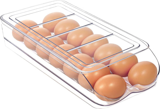 Egg Holder for Fridge, Automatic Rolling Egg Organizer for Refrigerator, Clear Plastic Egg Container & Tray, Stackable Dispenser and Storage Bin with Sturdy Lid to Saving Space -2 Layer