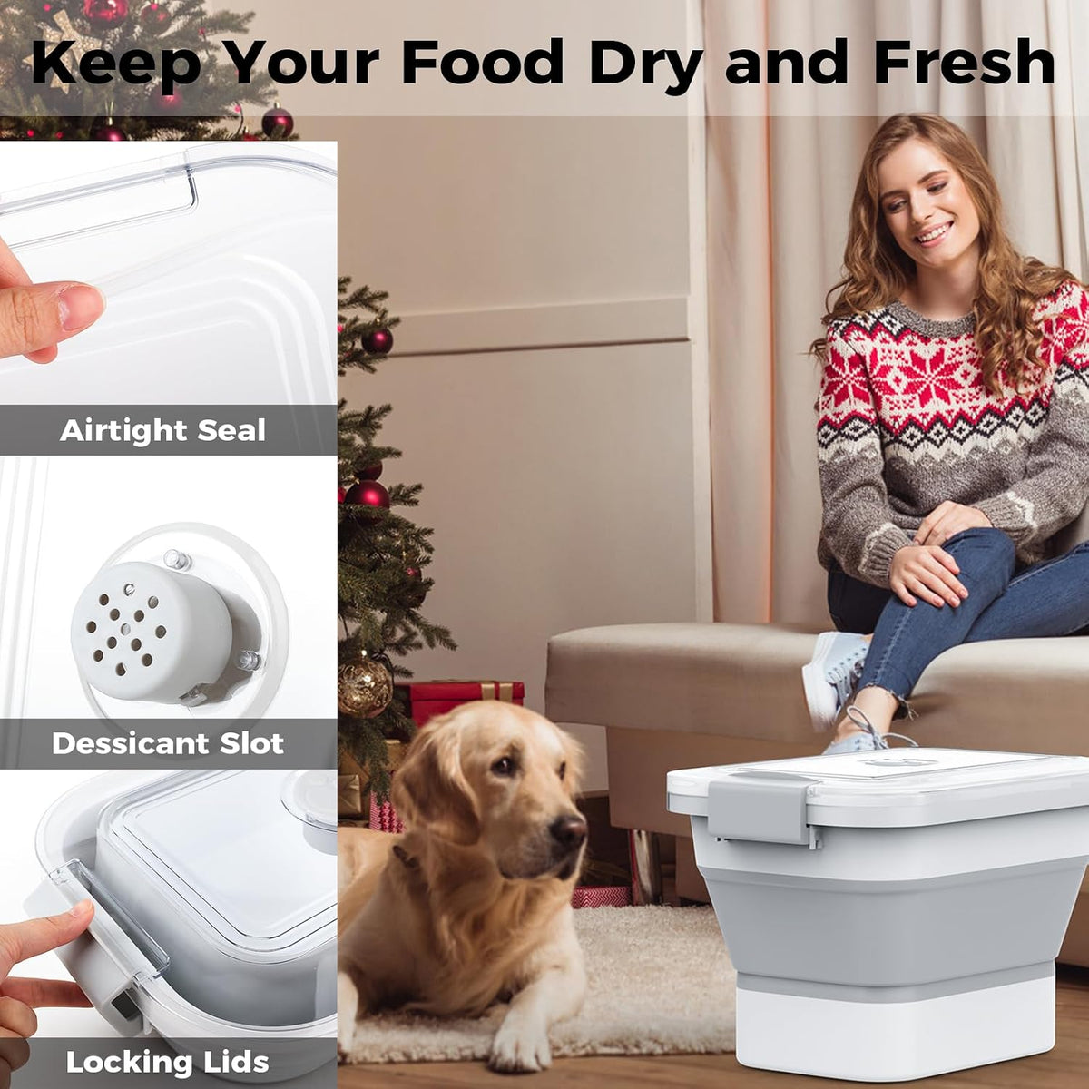 20-23 Lbs Dog Food Storage Container,Collapsible Dog Food Container | Pet Food Storage Container with Transparent Airtight Lid,Multifunctional for Dog Cat,Rice,Flour,Scoop and Small Container