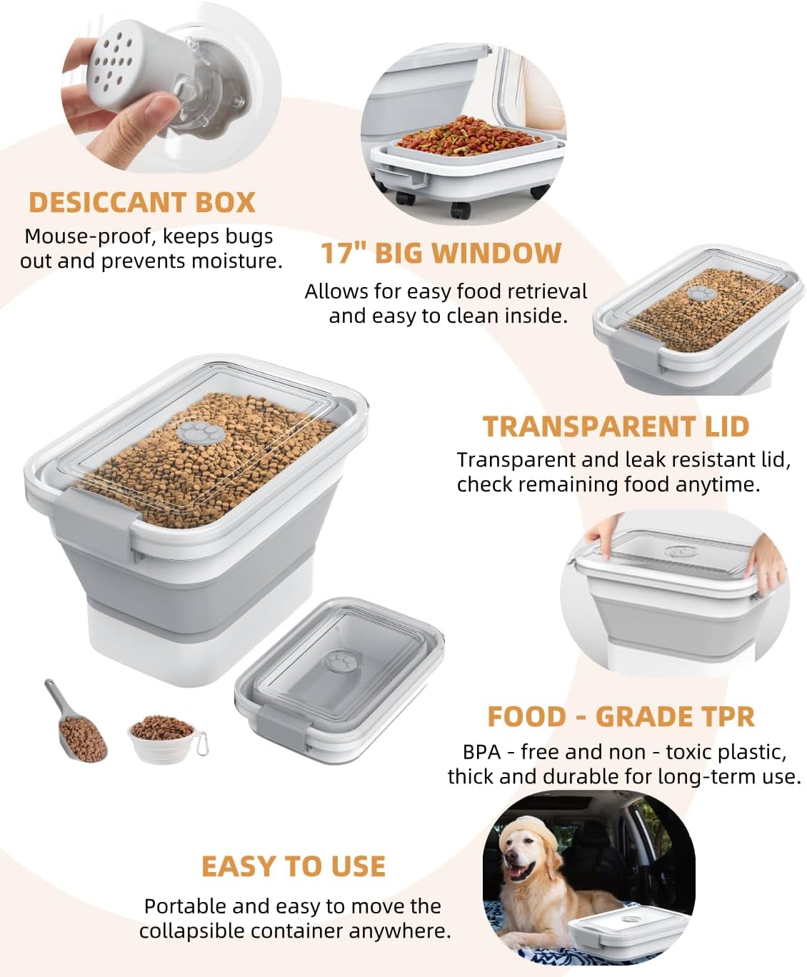20-23 Lbs Dog Food Storage Container,Collapsible Dog Food Container | Pet Food Storage Container with Transparent Airtight Lid,Multifunctional for Dog Cat,Rice,Flour,Scoop and Small Container