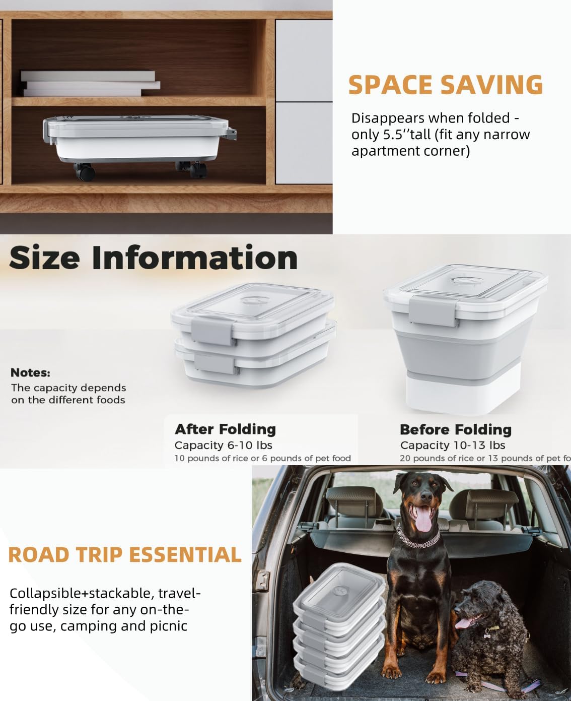 20-23 Lbs Dog Food Storage Container,Collapsible Dog Food Container | Pet Food Storage Container with Transparent Airtight Lid,Multifunctional for Dog Cat,Rice,Flour,Scoop and Small Container