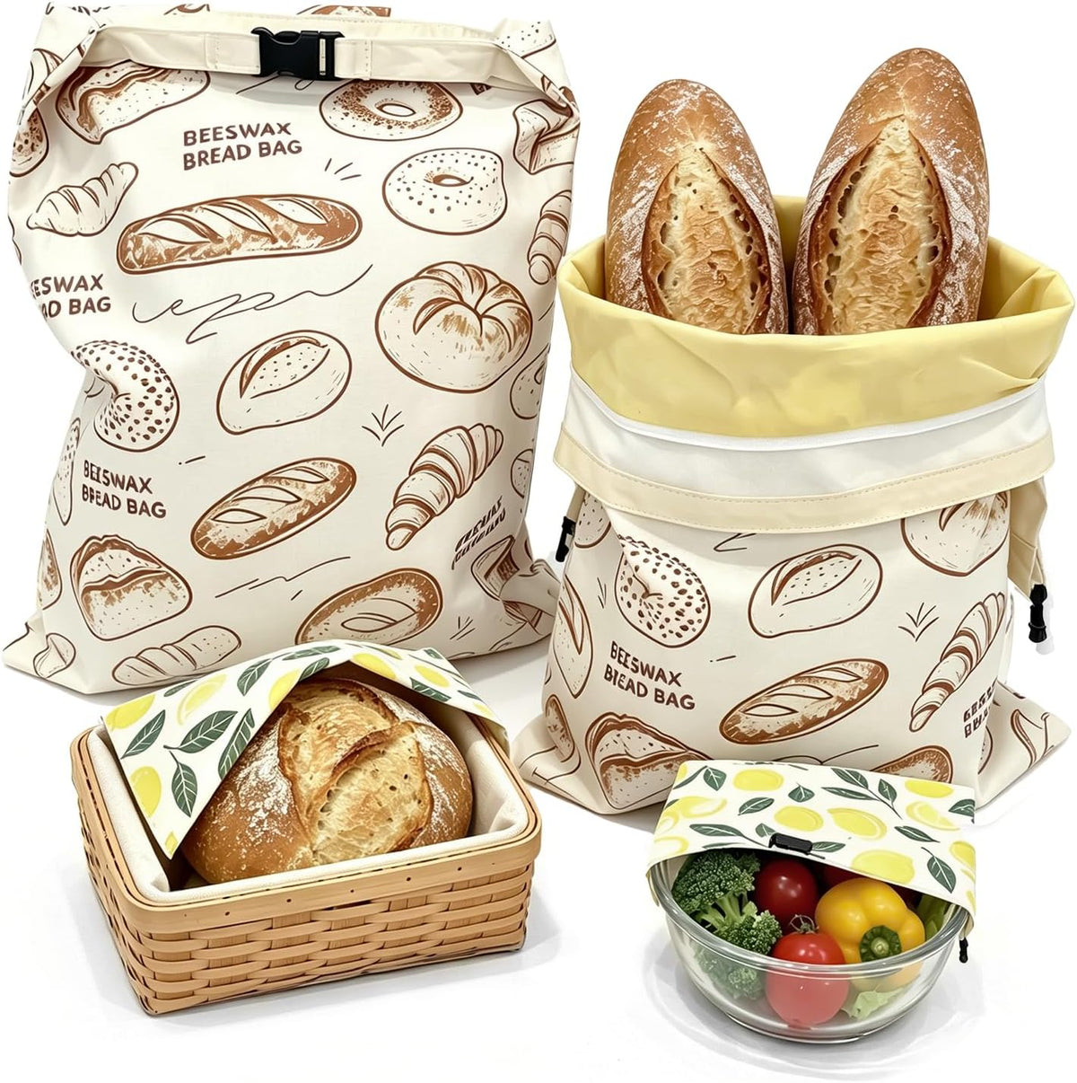 2 Pack Beeswax Bread Bags for Sourdough - 17"x13" Reusable Homemade Bread Keeper Storage Set with 2 Beeswax Food Wraps, Double Seal Zipper & Snap Buckle, Flippable Cleanable Liner, Freezer Safe