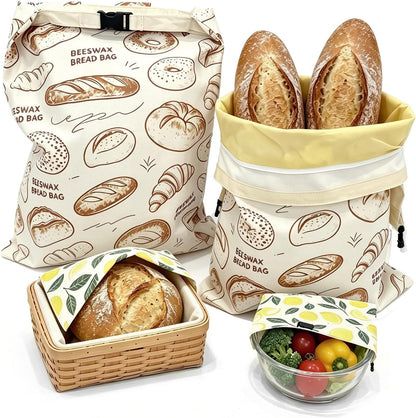 2 Pack Beeswax Bread Bags for Sourdough - 17"x13" Reusable Homemade Bread Keeper Storage Set with 2 Beeswax Food Wraps, Double Seal Zipper & Snap Buckle, Flippable Cleanable Liner, Freezer Safe