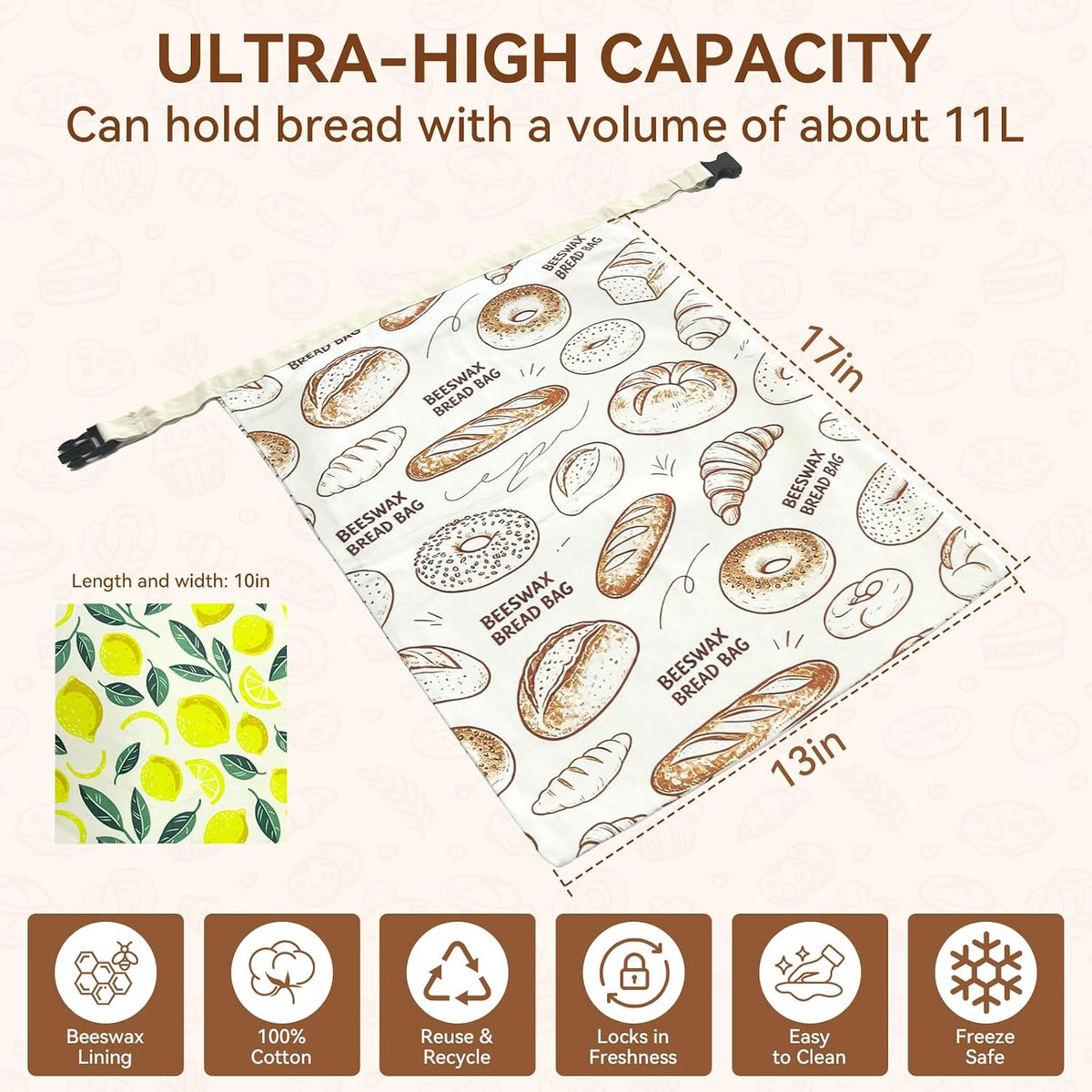 2 Pack Beeswax Bread Bags for Sourdough - 17"x13" Reusable Homemade Bread Keeper Storage Set with 2 Beeswax Food Wraps, Double Seal Zipper & Snap Buckle, Flippable Cleanable Liner, Freezer Safe