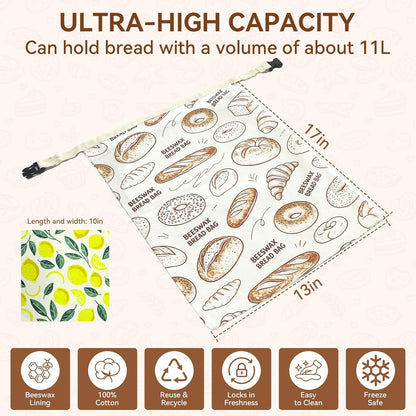 2 Pack Beeswax Bread Bags for Sourdough - 17"x13" Reusable Homemade Bread Keeper Storage Set with 2 Beeswax Food Wraps, Double Seal Zipper & Snap Buckle, Flippable Cleanable Liner, Freezer Safe