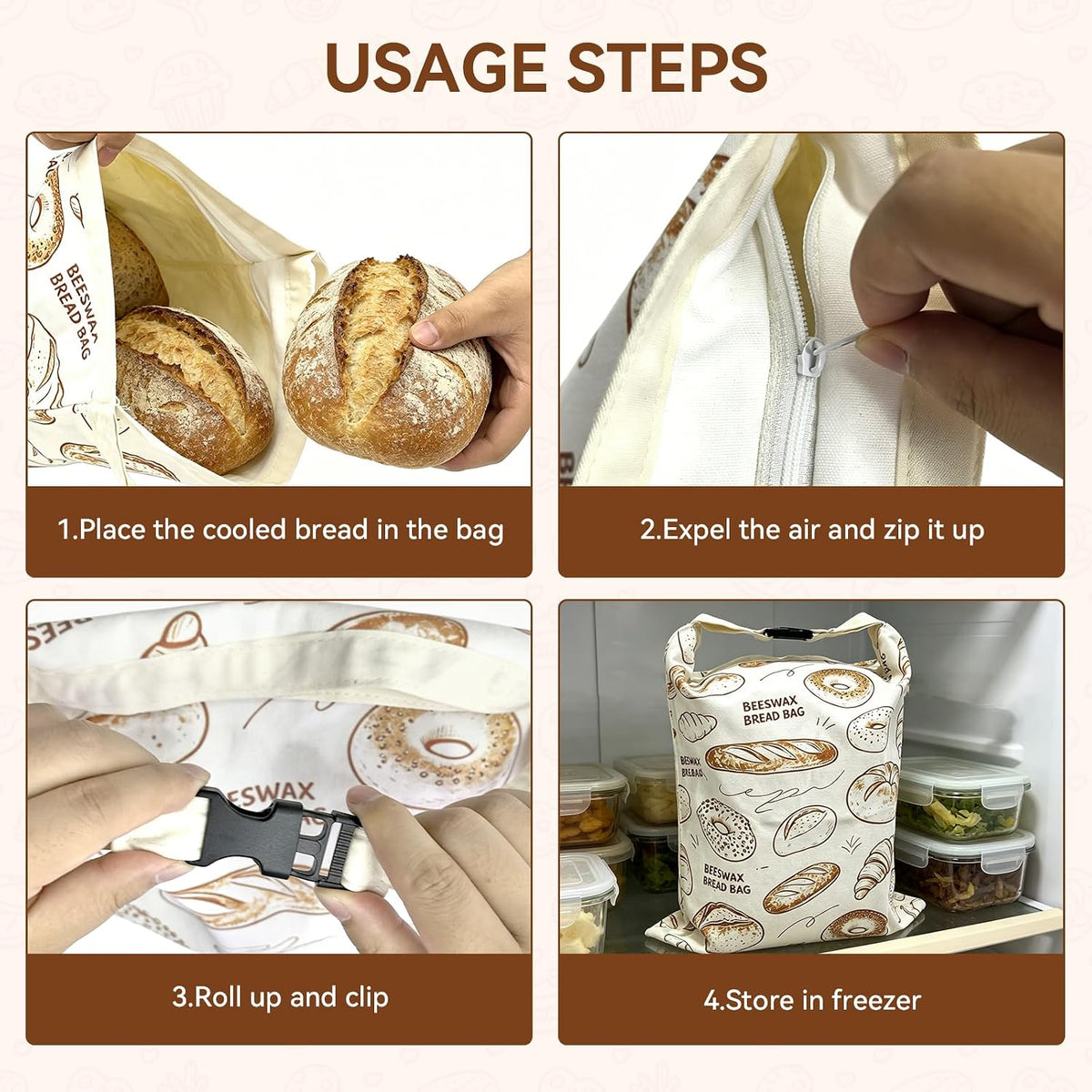 2 Pack Beeswax Bread Bags for Sourdough - 17"x13" Reusable Homemade Bread Keeper Storage Set with 2 Beeswax Food Wraps, Double Seal Zipper & Snap Buckle, Flippable Cleanable Liner, Freezer Safe