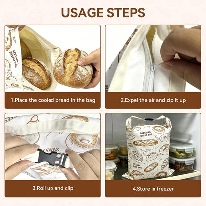 2 Pack Beeswax Bread Bags for Sourdough - 17"x13" Reusable Homemade Bread Keeper Storage Set with 2 Beeswax Food Wraps, Double Seal Zipper & Snap Buckle, Flippable Cleanable Liner, Freezer Safe