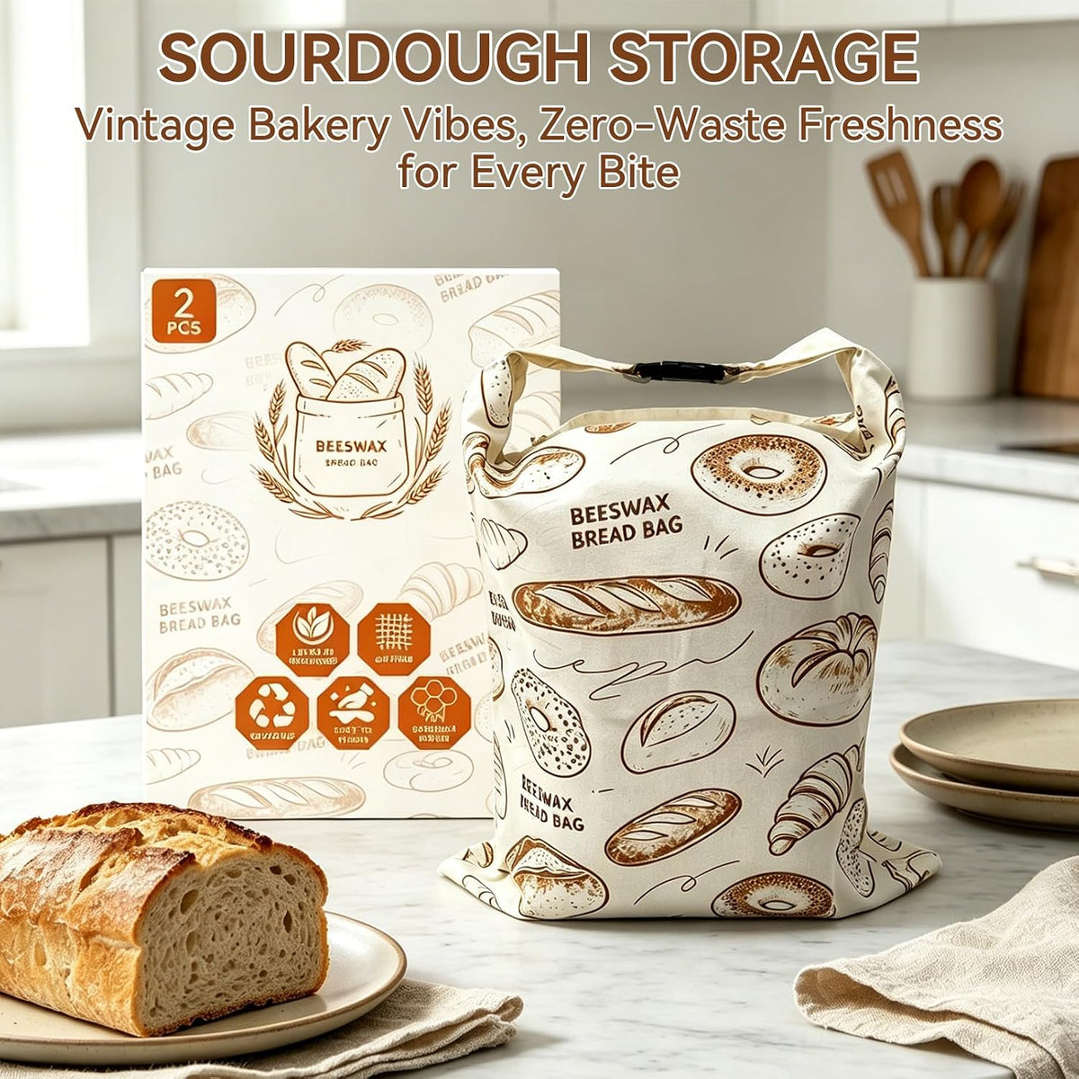 2 Pack Beeswax Bread Bags for Sourdough - 17"x13" Reusable Homemade Bread Keeper Storage Set with 2 Beeswax Food Wraps, Double Seal Zipper & Snap Buckle, Flippable Cleanable Liner, Freezer Safe