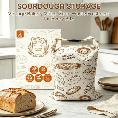 2 Pack Beeswax Bread Bags for Sourdough - 17"x13" Reusable Homemade Bread Keeper Storage Set with 2 Beeswax Food Wraps, Double Seal Zipper & Snap Buckle, Flippable Cleanable Liner, Freezer Safe