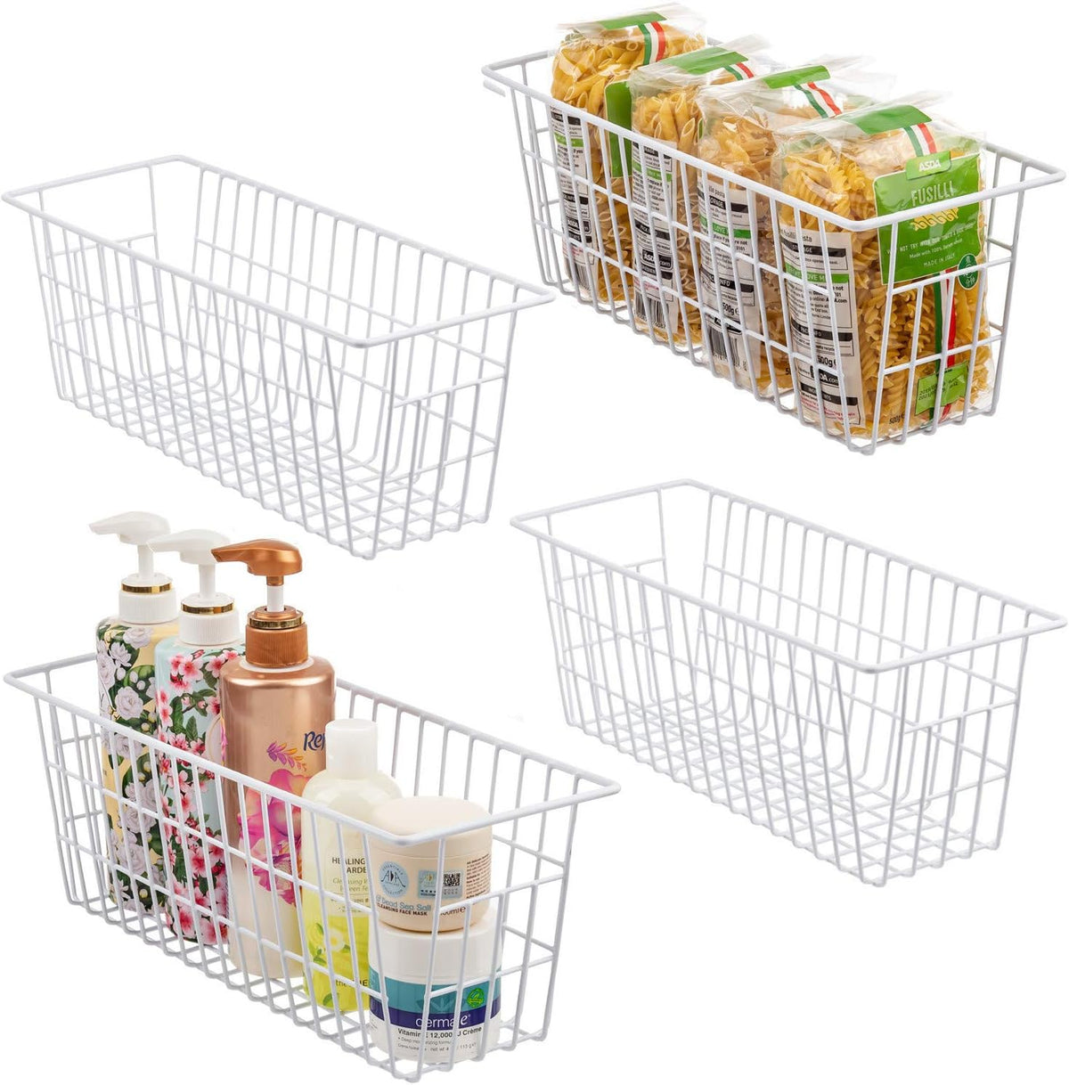 Freezer Baskets, Set of 4 Farmhouse Metal Wire Basket Freezer Storage Wire Baskets Organizer Wire Storage Basket for Kitchen Pantry Organizer Bins (White)