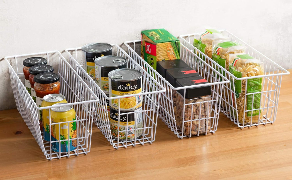 Freezer Baskets, Set of 4 Farmhouse Metal Wire Basket Freezer Storage Wire Baskets Organizer Wire Storage Basket for Kitchen Pantry Organizer Bins (White)