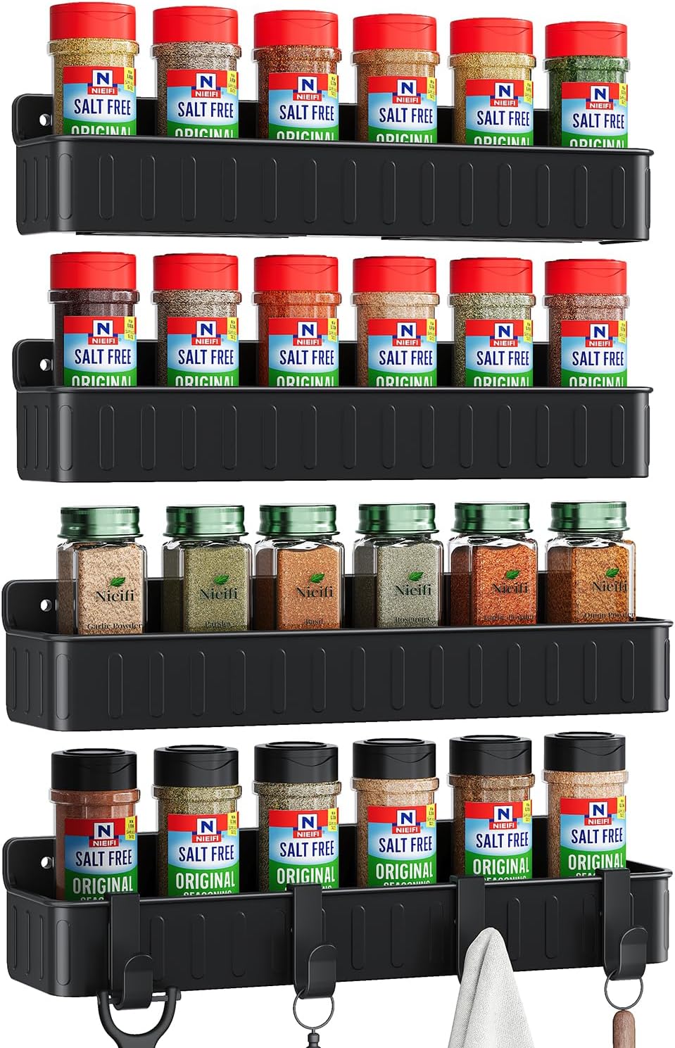 Spice Rack Wall Mount, 4 Pack Clear, 2" Depth, Screw/Adhesive | Wall-Mounted with Removable Hooks Saves Counter Space, Fits 2" Deep Jars, Ideal for Kitchen Cabinets, Pantry Doors, and RVs