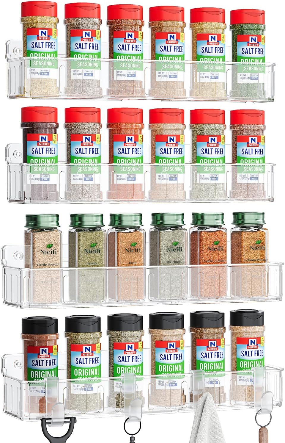 Spice Rack Wall Mount, 4 Pack Clear, 2" Depth, Screw/Adhesive | Wall-Mounted with Removable Hooks Saves Counter Space, Fits 2" Deep Jars, Ideal for Kitchen Cabinets, Pantry Doors, and RVs