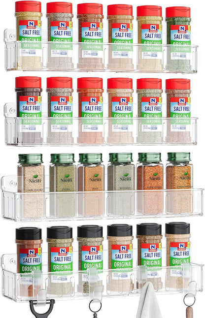Spice Rack Wall Mount, 4 Pack Clear, 2" Depth, Screw/Adhesive | Wall-Mounted with Removable Hooks Saves Counter Space, Fits 2" Deep Jars, Ideal for Kitchen Cabinets, Pantry Doors, and RVs