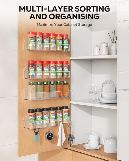 Spice Rack Wall Mount, 4 Pack Clear, 2" Depth, Screw/Adhesive | Wall-Mounted with Removable Hooks Saves Counter Space, Fits 2" Deep Jars, Ideal for Kitchen Cabinets, Pantry Doors, and RVs