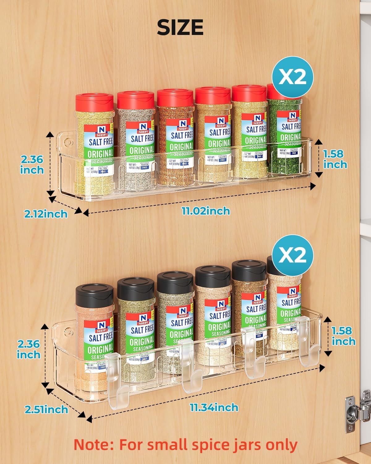 Spice Rack Wall Mount, 4 Pack Clear, 2" Depth, Screw/Adhesive | Wall-Mounted with Removable Hooks Saves Counter Space, Fits 2" Deep Jars, Ideal for Kitchen Cabinets, Pantry Doors, and RVs