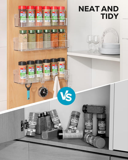 Spice Rack Wall Mount, 4 Pack Clear, 2" Depth, Screw/Adhesive | Wall-Mounted with Removable Hooks Saves Counter Space, Fits 2" Deep Jars, Ideal for Kitchen Cabinets, Pantry Doors, and RVs