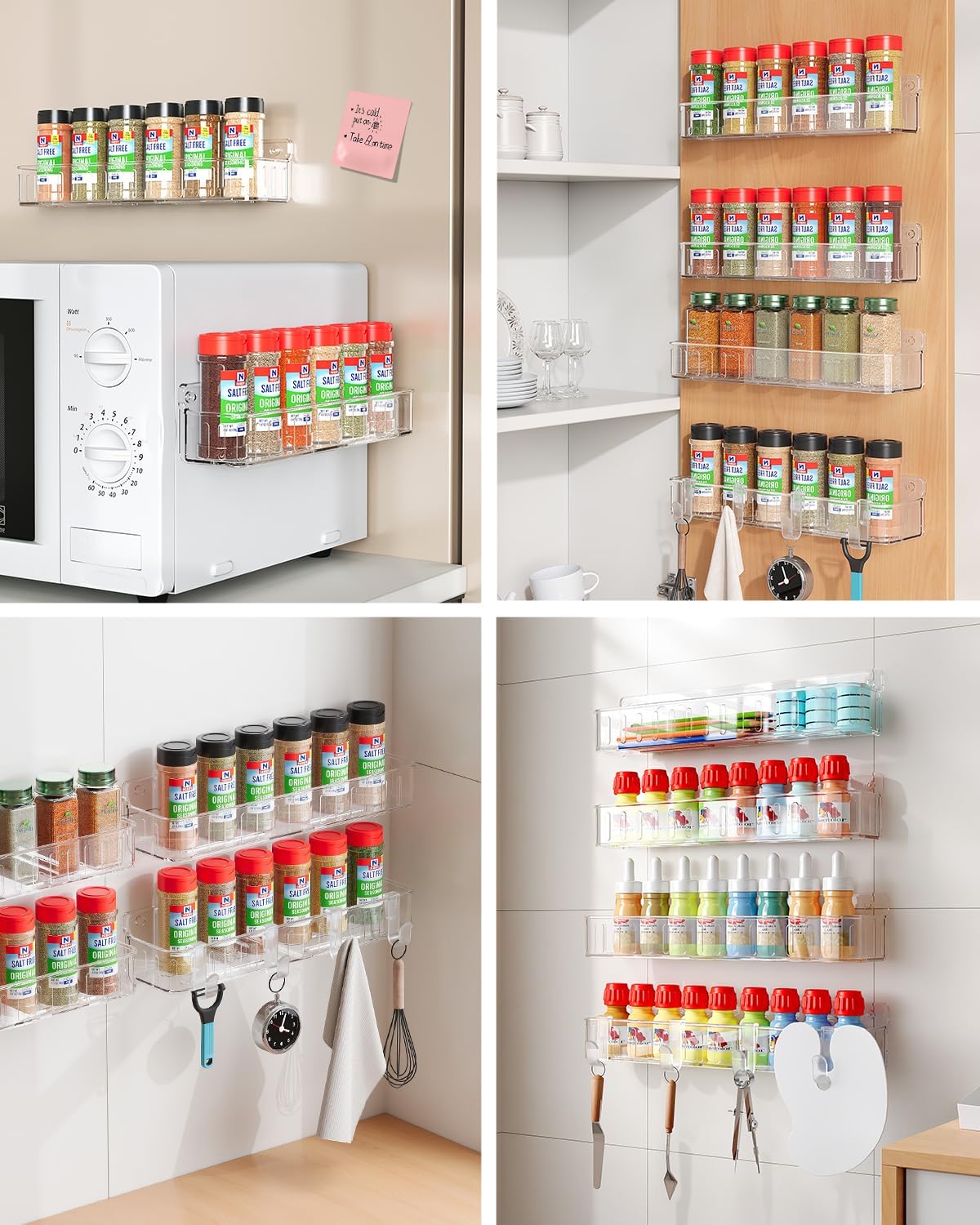 Spice Rack Wall Mount, 4 Pack Clear, 2" Depth, Screw/Adhesive | Wall-Mounted with Removable Hooks Saves Counter Space, Fits 2" Deep Jars, Ideal for Kitchen Cabinets, Pantry Doors, and RVs