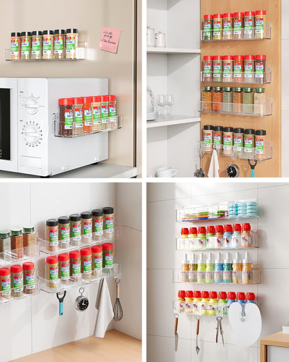 Spice Rack Wall Mount, 4 Pack Clear, 2" Depth, Screw/Adhesive | Wall-Mounted with Removable Hooks Saves Counter Space, Fits 2" Deep Jars, Ideal for Kitchen Cabinets, Pantry Doors, and RVs