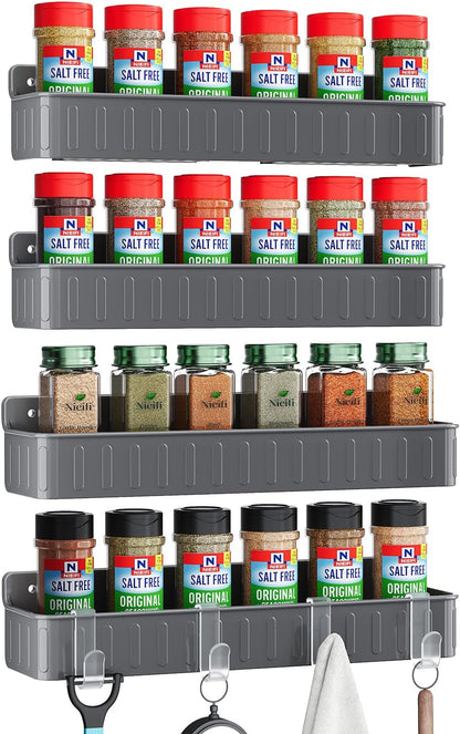 Spice Rack Wall Mount, 4 Pack Clear, 2" Depth, Screw/Adhesive | Wall-Mounted with Removable Hooks Saves Counter Space, Fits 2" Deep Jars, Ideal for Kitchen Cabinets, Pantry Doors, and RVs