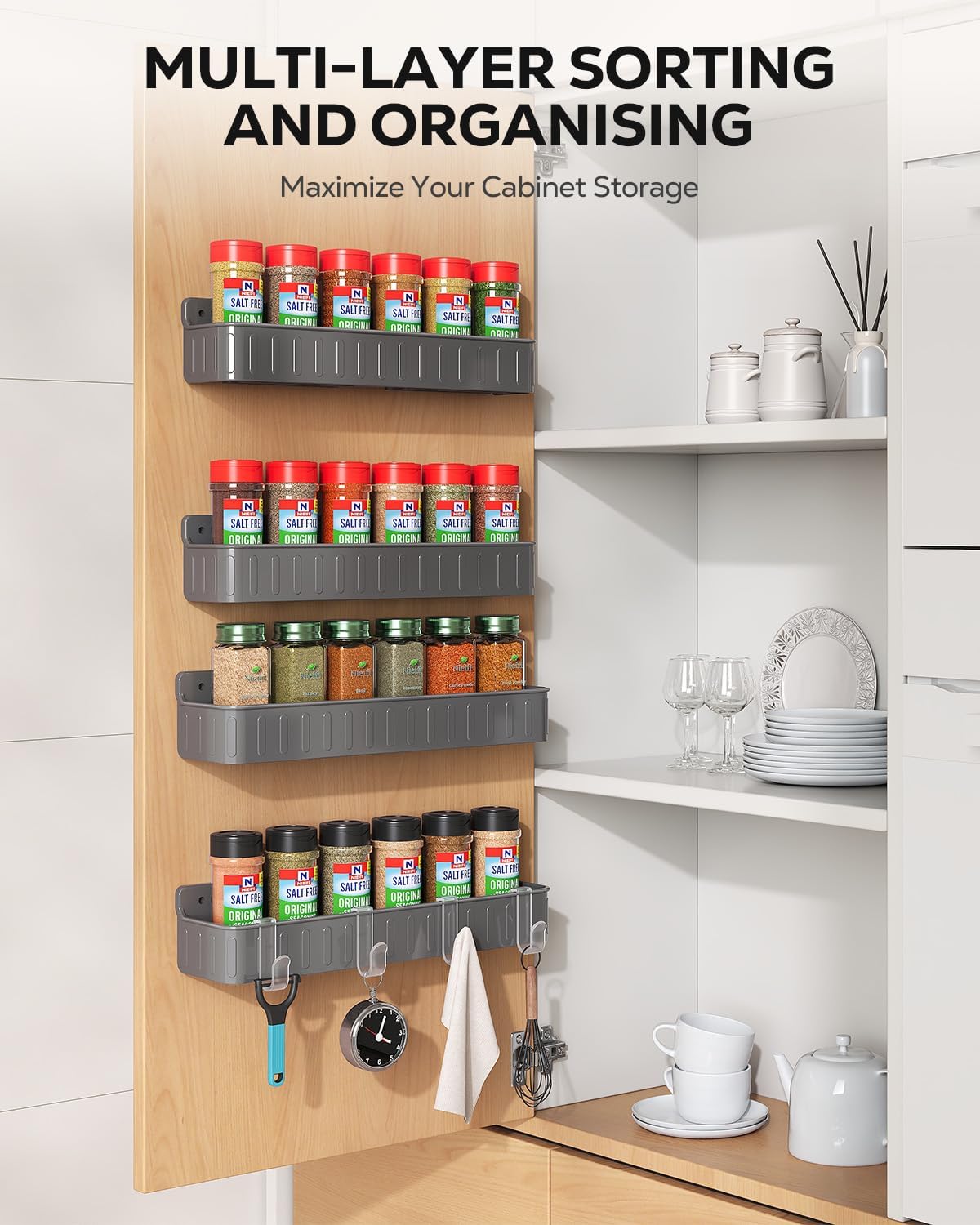 Spice Rack Wall Mount, 4 Pack Clear, 2" Depth, Screw/Adhesive | Wall-Mounted with Removable Hooks Saves Counter Space, Fits 2" Deep Jars, Ideal for Kitchen Cabinets, Pantry Doors, and RVs