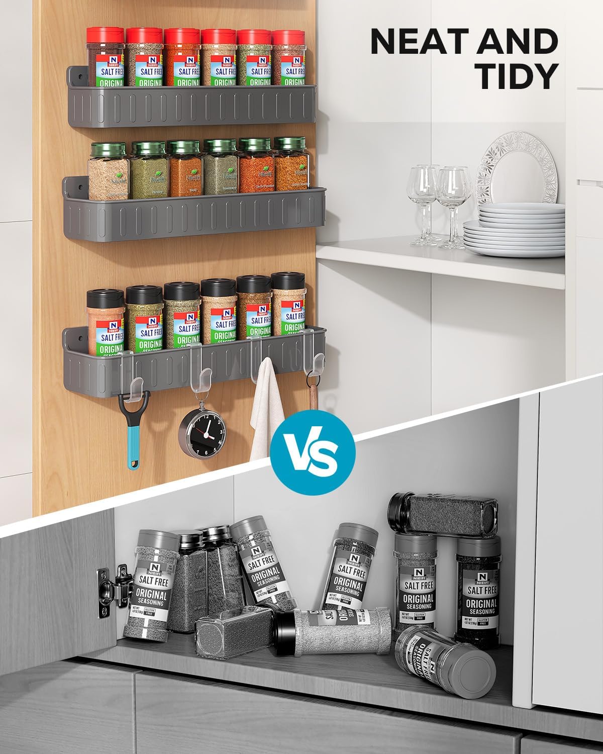 Spice Rack Wall Mount, 4 Pack Clear, 2" Depth, Screw/Adhesive | Wall-Mounted with Removable Hooks Saves Counter Space, Fits 2" Deep Jars, Ideal for Kitchen Cabinets, Pantry Doors, and RVs
