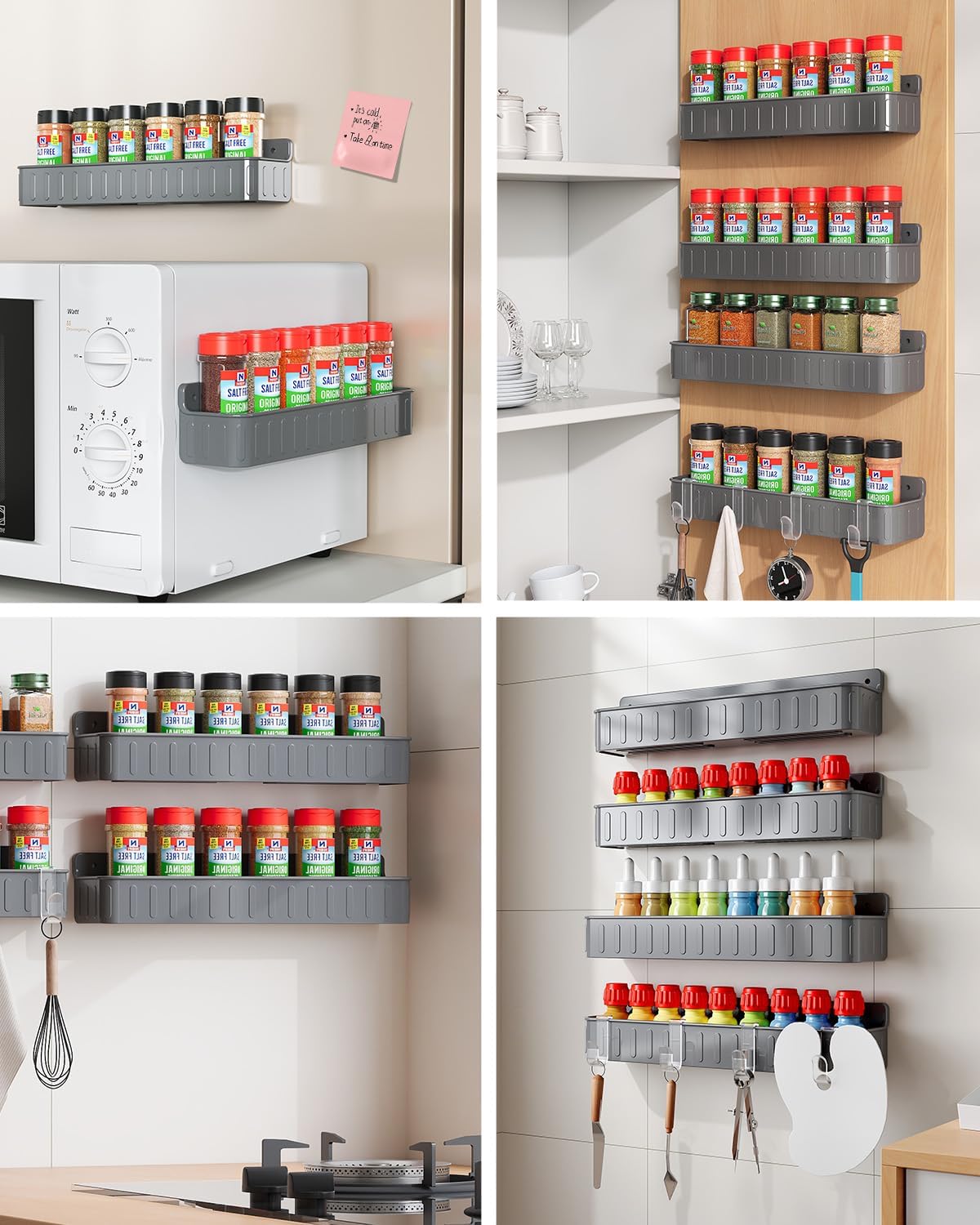 Spice Rack Wall Mount, 4 Pack Clear, 2" Depth, Screw/Adhesive | Wall-Mounted with Removable Hooks Saves Counter Space, Fits 2" Deep Jars, Ideal for Kitchen Cabinets, Pantry Doors, and RVs