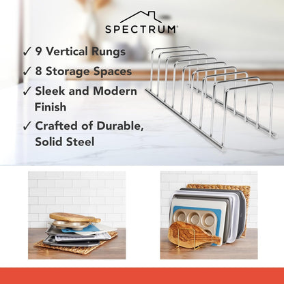 Euro Kitchen Organizer Cutting Board Holder Stand for Countertop or Inside Kitchen Cabinet Organization Chrome, 8 Slot Cutting Board Drying Rack or Cabinet Plate Bakeware Storage Organizer