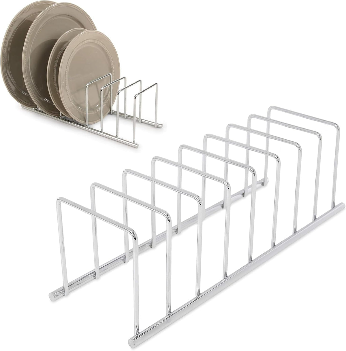 Euro Kitchen Organizer Cutting Board Holder Stand for Countertop or Inside Kitchen Cabinet Organization Chrome, 8 Slot Cutting Board Drying Rack or Cabinet Plate Bakeware Storage Organizer