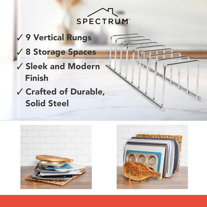 Euro Kitchen Organizer Cutting Board Holder Stand for Countertop or Inside Kitchen Cabinet Organization Chrome, 8 Slot Cutting Board Drying Rack or Cabinet Plate Bakeware Storage Organizer