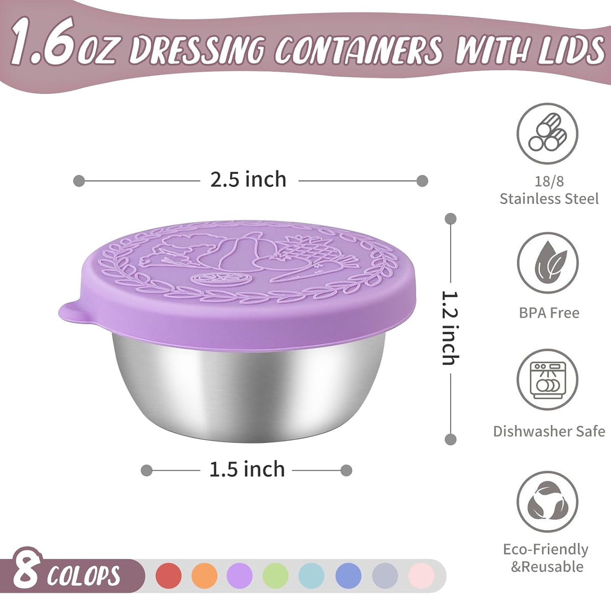 8 Pack - 2.4 Oz Small Salad Dressing Containers To Go, Sauce Cups with Lids